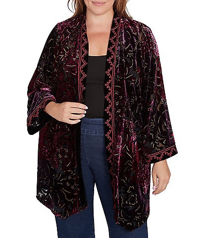 Ruby Rd. Plus Size Embroidered Paisley Velvet Shawl Neck Long Sleeve Open Front Cardigan Sweater