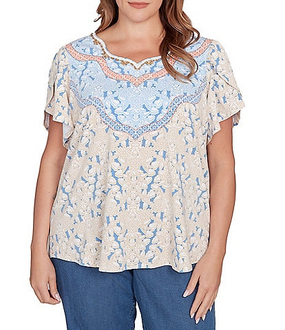 Ruby Rd. Plus Size Embroidered Printed Sweetheart Neck Short Tulip Sleeve Top