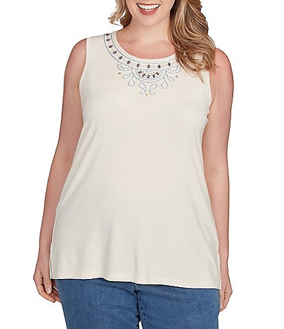 Ruby Rd. Plus Size Embroidered Soft Jersey Knit Embellished Crew Neck Sleeveless Top