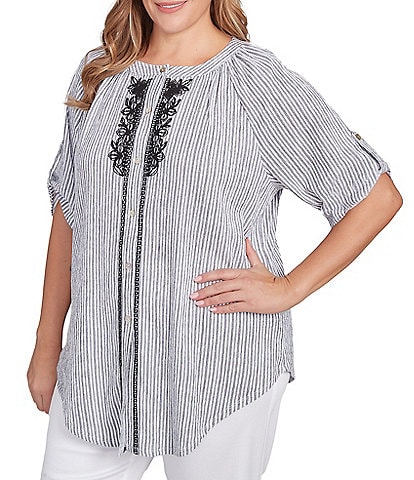 Ruby Rd. Plus Size Embroidered Stripe Puckered Mandarin Collar Short Roll-Tab Sleeve Button Front Shirt
