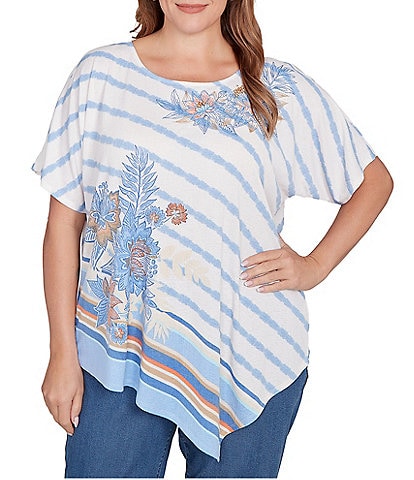 Ruby Rd. Plus Size Embroidered Stripe Scoop Neck Short Sleeve Asymmetric Hem Knit Top