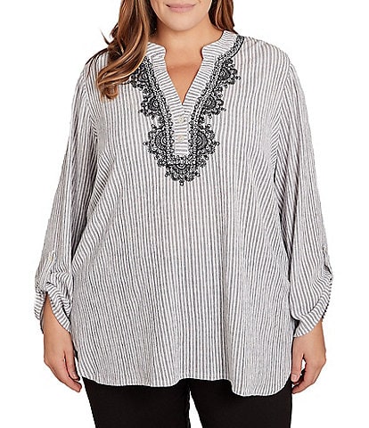 Ruby Rd. Plus Size Embroidered Stripe Split V-Neck Long Roll-Tab Sleeve Puckered Knit Blouse