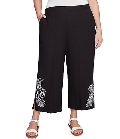 Ruby Rd. Plus Size Embroidered Tropical Fern Wide Leg Pull-On Cropped Pants