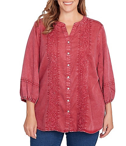Ruby Rd. Plus Size Embroidered Twill Banded Collar 3/4 Sleeve Button-Front Shirt