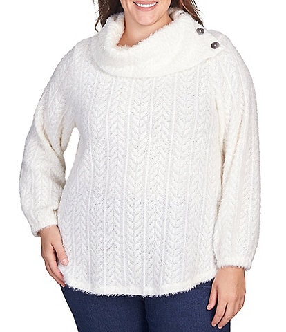 Ruby Rd. Plus Size Eyelash Cable Knit Split Cowl Neck Long Puff Sleeve Sweater