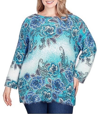Ruby Rd. Plus Size Eyelash Floral Print Ballet Neck Sweater Top