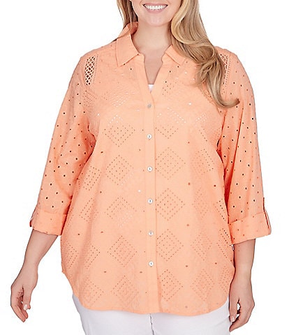 Ruby Rd. Plus Size Eyelet Diamond Woven Point Collar 3/4 Roll-Tab Sleeve Button-Front Shirt