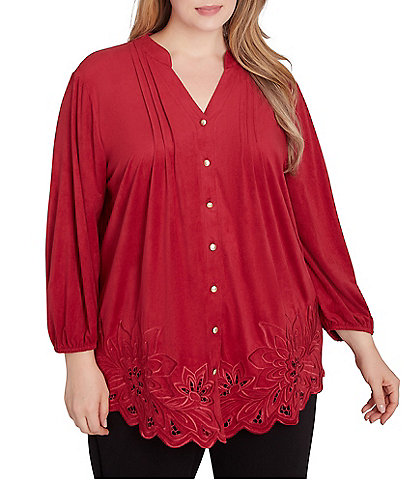 Ruby Rd. Plus Size Faux Suede Embroidered Knit Split V-Neck Bracelet Sleeve Button-Font Top