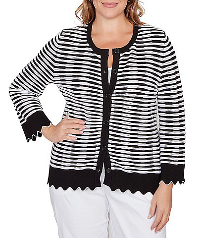Ruby Rd. Plus Size Fine Gauge Stripe Scalloped Long Sleeve Button-Front Sweater