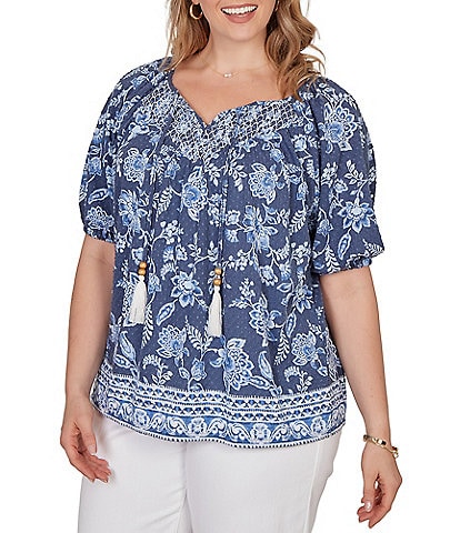 Ruby Rd. Plus Size Floral Border Print Split V-Neck Short Sleeve Tassel Tie Top