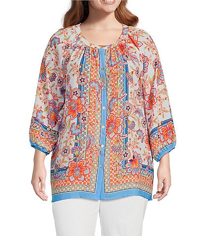 Ruby Rd. Plus Size Floral Border Print Woven Band Round Neckline 3/4 Sleeve Button-Front Top