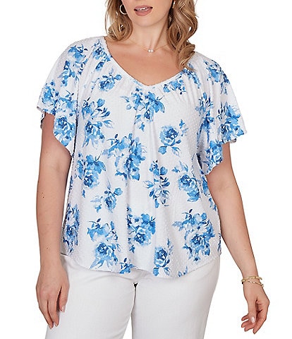 Ruby Rd. Plus Size Floral Clip Dot Eyelet V-Neck Short Flutter Sleeve Top