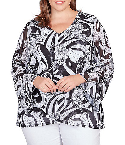 Ruby Rd. Plus Size Floral Mesh V-Neck Long Flounce Sleeve Top