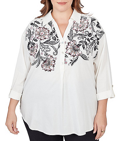 Ruby Rd. Plus Size Floral Placement Print Point Collar Roll-Tab Sleeve Side Button Detail Shirt