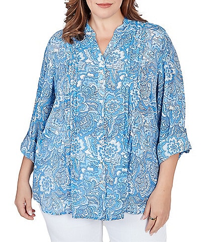 Ruby Rd. Plus Size Floral Print Band Notch V-Neck Roll-Tab Sleeve Pleat Button-Front Blouse