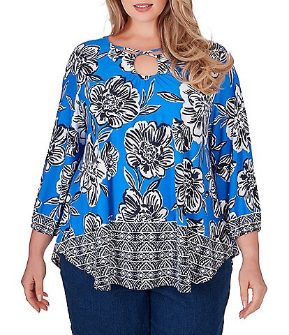 Ruby Rd. Plus Size Floral Print Knit Crepe Keyhole Cross-Neck 3/4 Sleeve Top