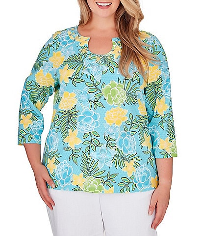 Ruby Rd. Plus Size Floral Print Knit Embellished 3/4 Sleeve Horseshoe Neck Top
