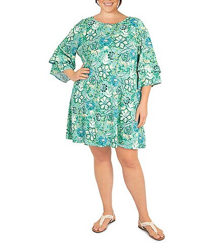 Ruby Rd. Plus Size Floral Print Round Neck 3/4 Flare Sleeve Dress