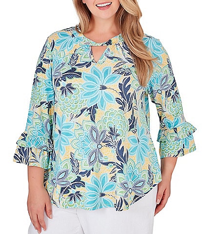 Ruby Rd. Plus Size Floral Puff Print Knit Cut-Out Twist Neckline 3/4 Double Flounce Sleeve Top