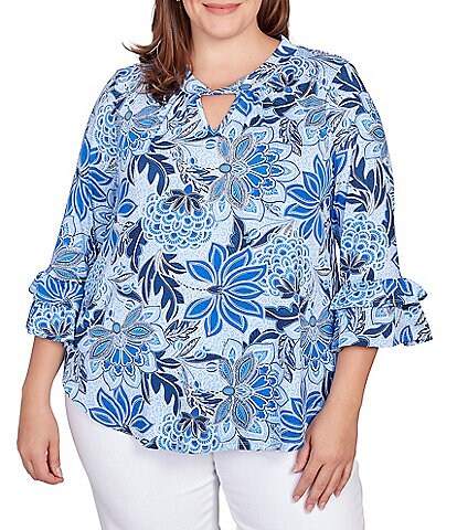 Ruby Rd. Plus Size Floral Puff Print Knit Cut-Out Twist Neckline 3/4 Double Flounce Sleeve Top