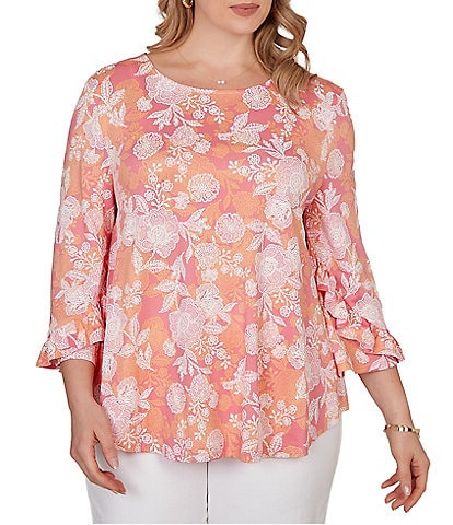 Ruby Rd. Plus Size Floral Scoop Neck 3/4 Ruffle Trim Sleeve Top