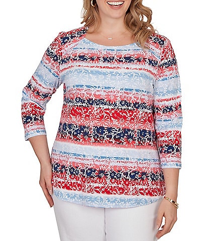 Ruby Rd. Plus Size Floral Stripe Envelope Neck 3/4 Sleeve Knit Top