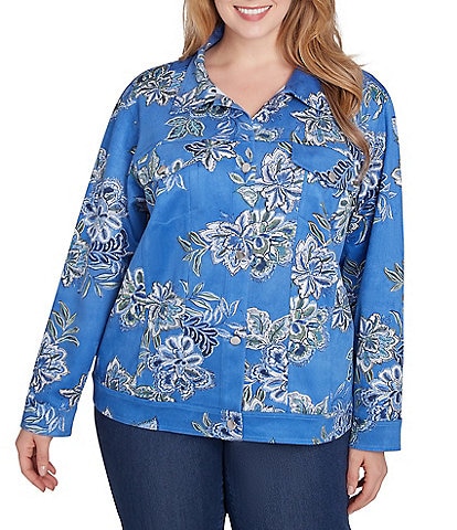 Ruby Rd. Plus Size Floral Suede Point Collar Long Sleeve Button-Front Jacket