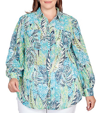 Ruby Rd. Plus Size Foliage Print Allover Eyelet Embroidery Point Collar Long Sleeve Button-Front Shirt