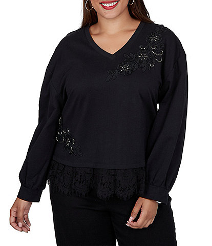 Ruby Rd. Plus Size French Terry Delicate Beaded V-Neck Long Sleeve Lace Hem Top