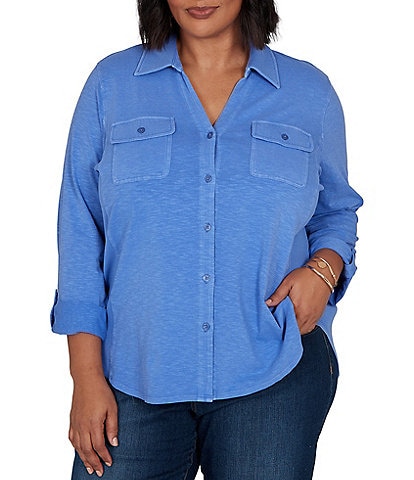 Ruby Rd. Plus Size Garment Washed Point Collar 3/4 Roll-Tab Sleeve Button Front Shirt