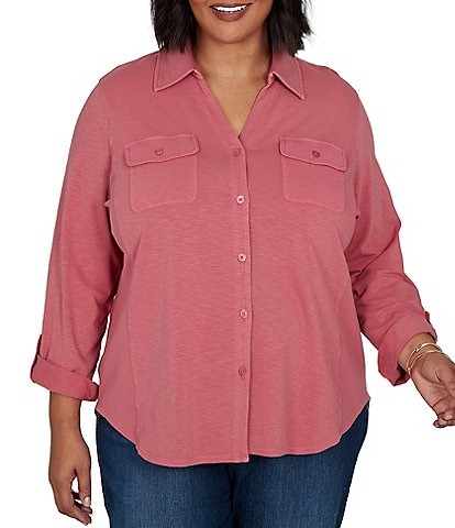 Ruby Rd. Plus Size Garment Washed Point Collar 3/4 Roll-Tab Sleeve Button Front Shirt