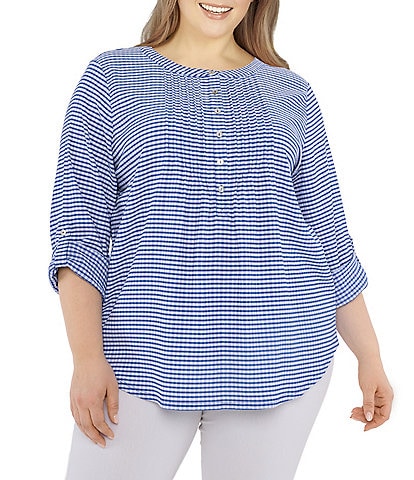Ruby Rd. Plus Size Gingham Print Pucker Knit Pleating Detail 3/4 Roll-Tab Sleeve Henley Top