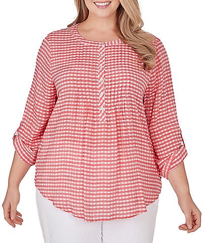 Ruby Rd. Plus Size Gingham Print Woven Round Band Collar 3/4 Roll-Tab Sleeve Blouse
