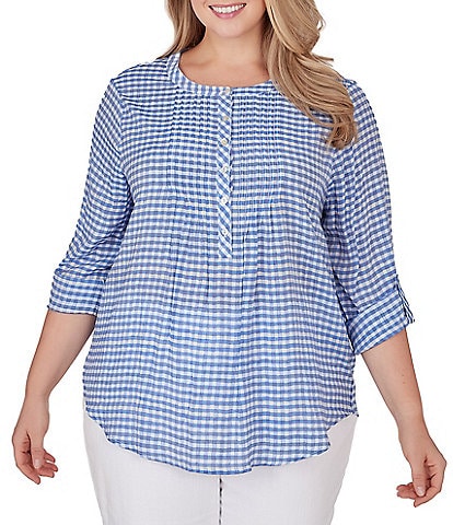 Ruby Rd. Plus Size Gingham Print Woven Round Band Collar 3/4 Roll-Tab Sleeve Blouse