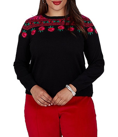 Ruby Rd. Plus Size Heritage Knit Rose & Vine Boat Neck Long Sleeve Sweater