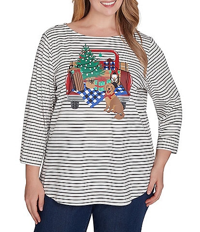 Ruby Rd. Plus Size Holiday Stripe Knit Boat Neck 3/4 Sleeve Top