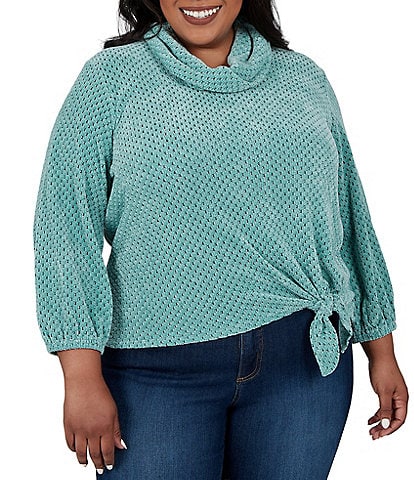 Ruby Rd. Plus Size Honeycomb Chenille Knit Cowl Neck 3/4 Sleeve Side Tie Top