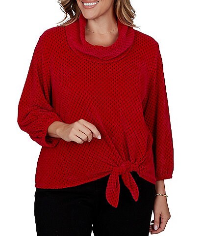 Ruby Rd. Plus Size Honeycomb Chenille Knit Cowl Neck 3/4 Sleeve Side Tie Top