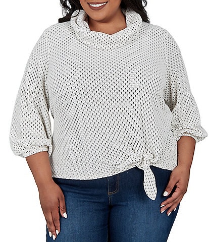 Ruby Rd. Plus Size Honeycomb Chenille Knit Cowl Neck 3/4 Sleeve Side Tie Top