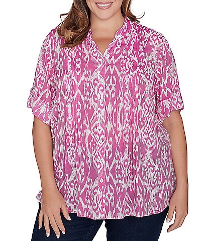 Ruby Rd. Plus Size Ikat Print Lotus Woven Band Collar Split V-Neck Roll-Tab Sleeve Pleat Detail Button-Down Blouse