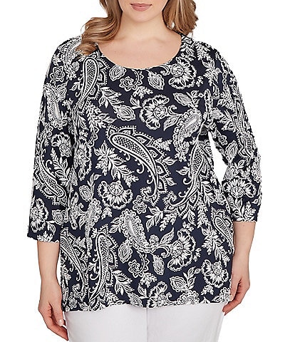 Ruby Rd. Plus Size Jacobean Print Scoop Neck 3/4 Sleeve Top