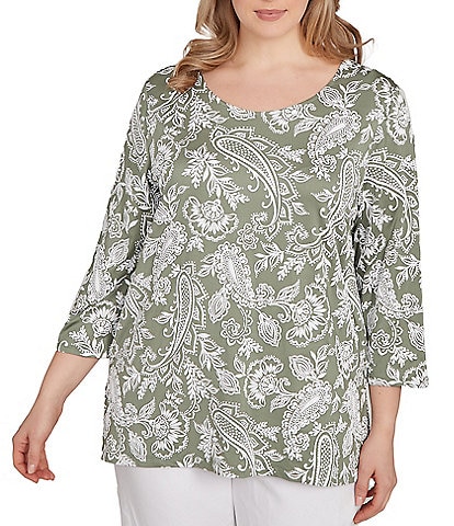 Ruby Rd. Plus Size Jacobean Print Scoop Neck 3/4 Sleeve Top