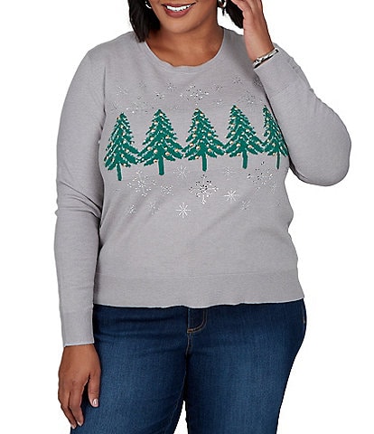Ruby Rd. Plus Size Jacquard Knit Christmas Tree Scoop Neck Long Sleeve Top