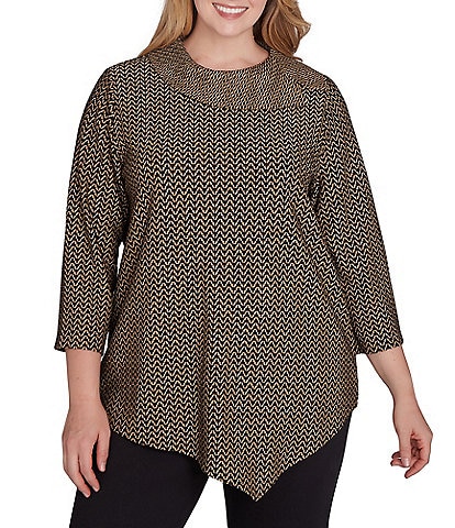 Ruby Rd. Plus Size Herringbone Jacquard Knit Cowl Neck 3/4 Sleeve Asymmetric Hem Top