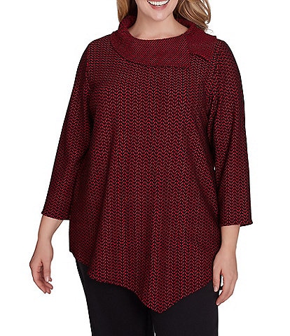 Ruby Rd. Plus Size Herringbone Jacquard Knit Cowl Neck 3/4 Sleeve Asymmetric Hem Top