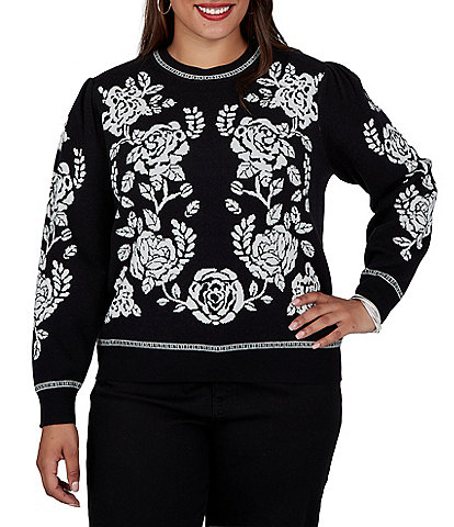Ruby Rd. Plus Size Jacquard Knit Ivory Rose Crew Neck Long Sleeve Sweater