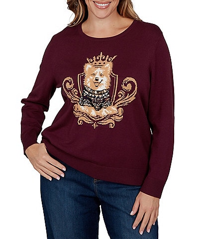 Ruby Rd. Plus Size Jacquard Knit Regal Corgi Scoop Neck Long Sleeve Sweater