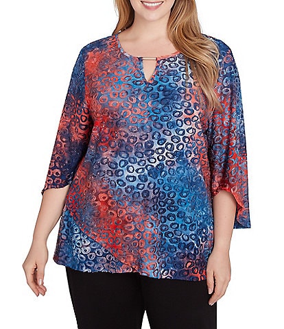 Ruby Rd. Plus Size Jacquard Knit Tie Dye Keyhole Bar Detail 3/4 Sleeve Top