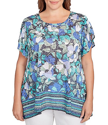 Ruby Rd. Plus Size Jersey Knit Floral Stripe Border Print Round Neck Short Sleeve Sharkbite Hem Top