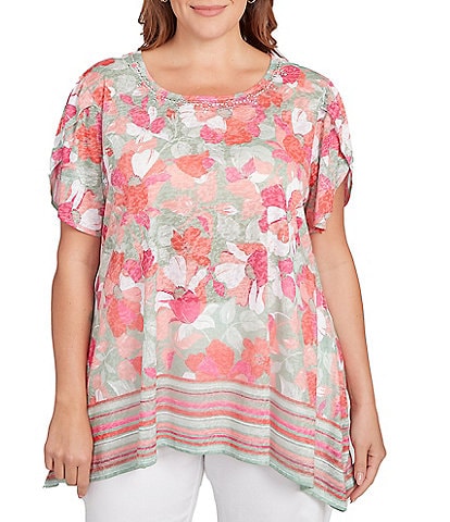 Ruby Rd. Plus Size Jersey Knit Floral Stripe Border Print Round Neck Short Sleeve Sharkbite Hem Top